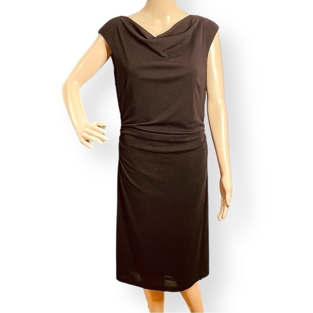 David Meister little black dress drape gather sleeveless party cocktail event 14